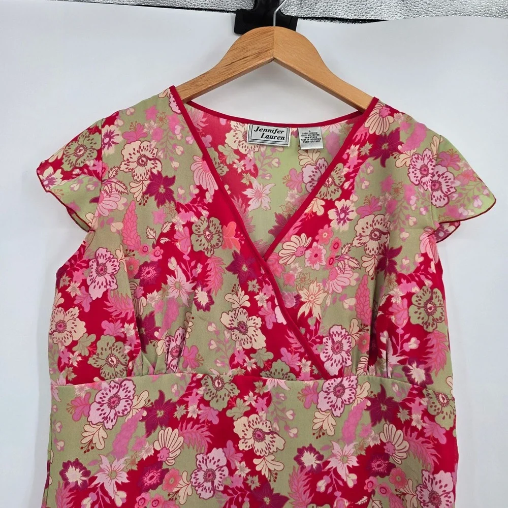 Jennifer Lauren‎ Womens Floral V-Neck Faux Wrap Top Pink Sage Green Size Large